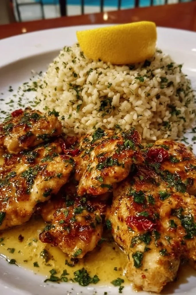 Chicken Scampi served with Garlic Parmesan Rice on a plate