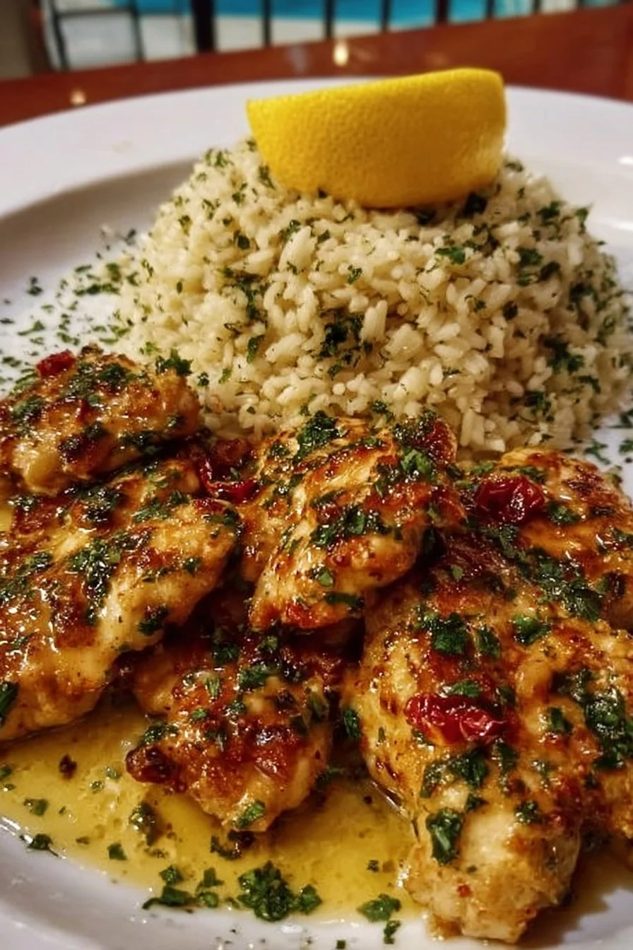 Chicken Scampi served with Garlic Parmesan Rice on a plate