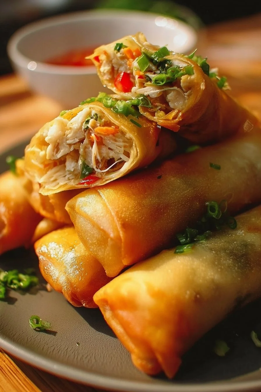 Crispy Chicken Spring Rolls served with dipping sauce