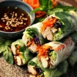Homemade Chicken Spring Rolls ready to serve with dipping sauce