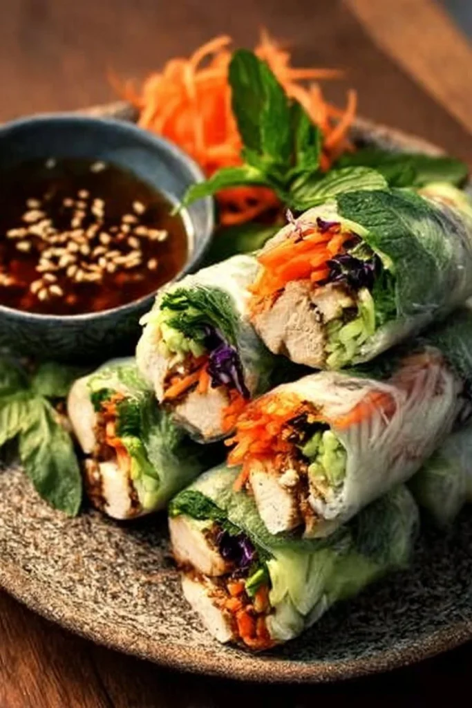 Homemade Chicken Spring Rolls ready to serve with dipping sauce