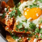 Delicious plate of Chilaquiles topped with avocado and cheese