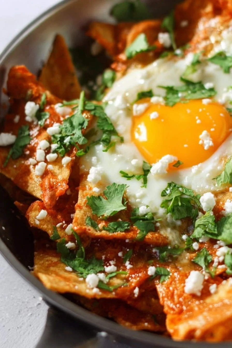 Delicious plate of Chilaquiles topped with avocado and cheese
