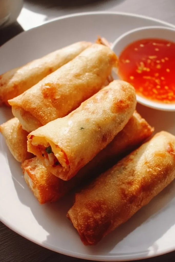 Plate of crispy Chinese vegetable spring rolls served with dipping sauce