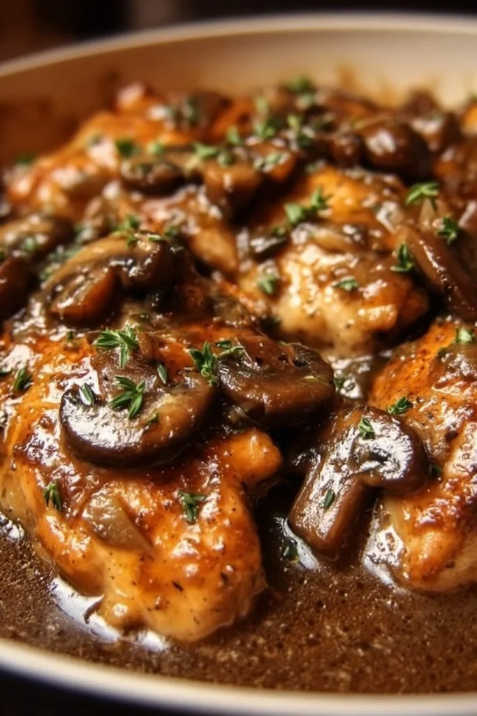Delicious plate of classic chicken marsala with mushrooms and herbs
