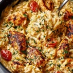 One-Pot Cajun Chicken Alfredo Orzo in a creamy sauce.