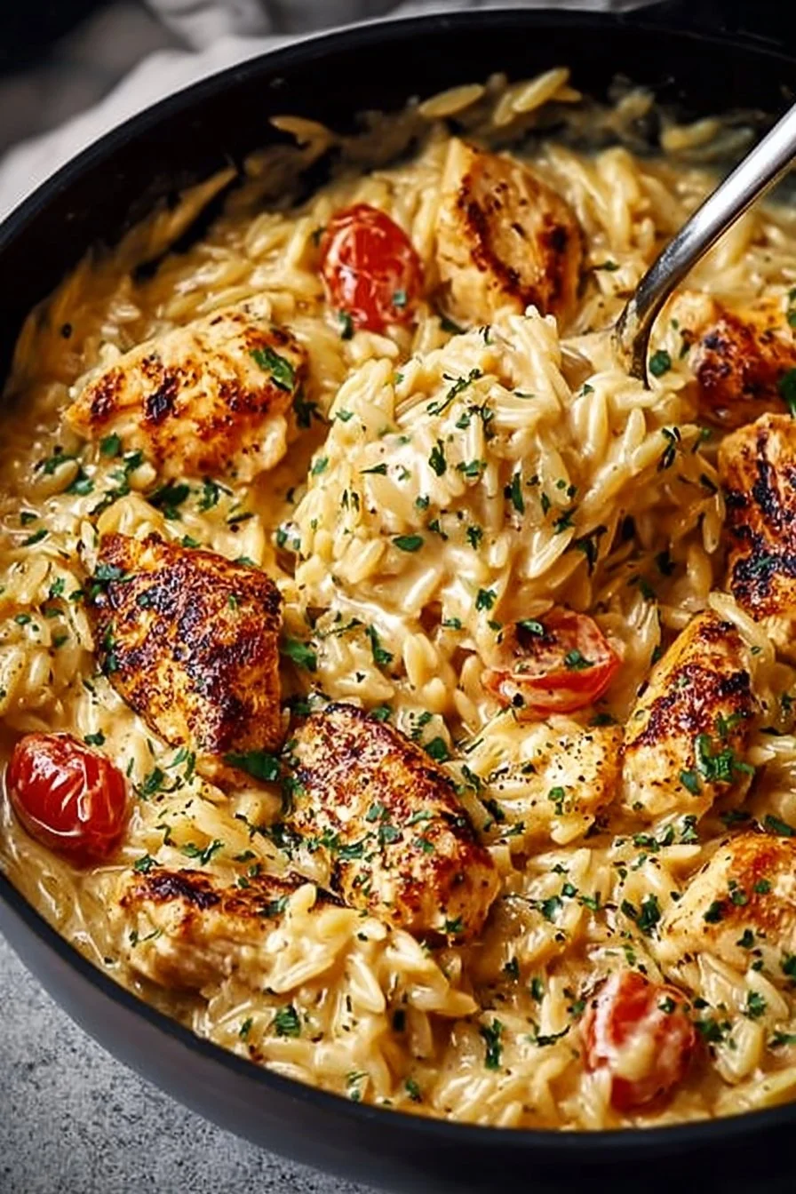 One-Pot Cajun Chicken Alfredo Orzo in a creamy sauce.