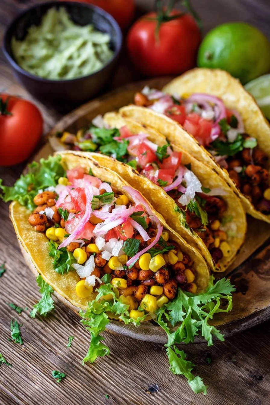 Colorful corn salad served with bean tacos on a wooden table.