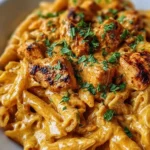 Bowl of Cowboy Butter Chicken Pasta garnished with fresh herbs