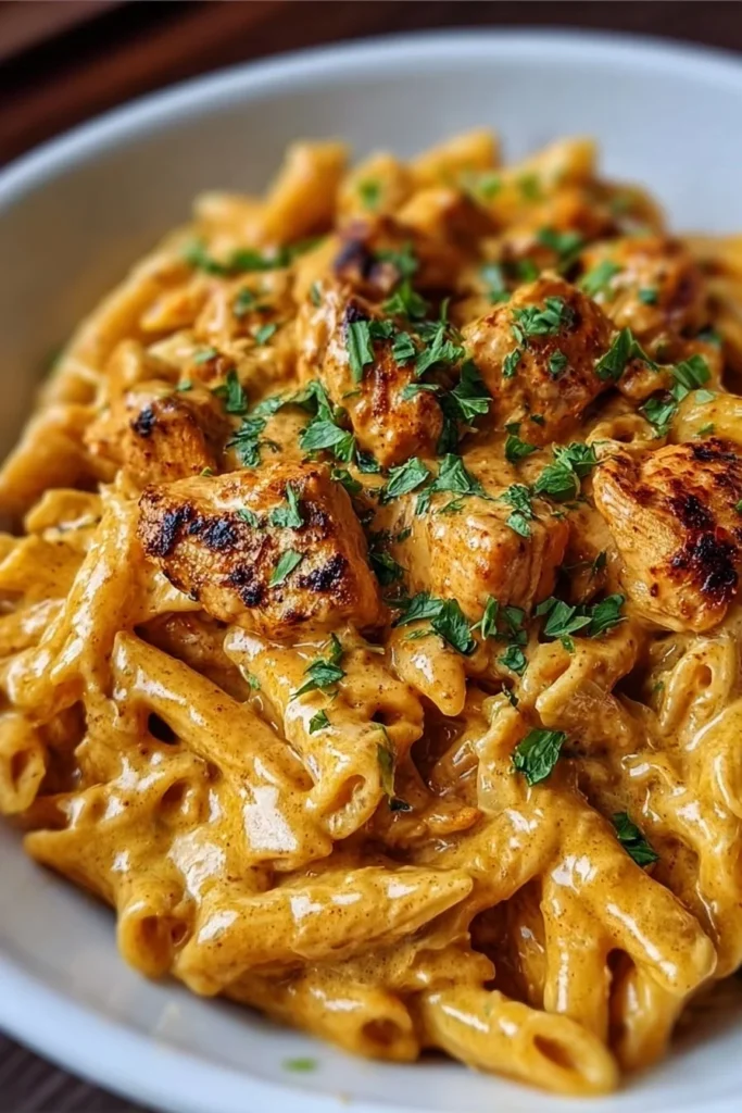 Bowl of Cowboy Butter Chicken Pasta garnished with fresh herbs