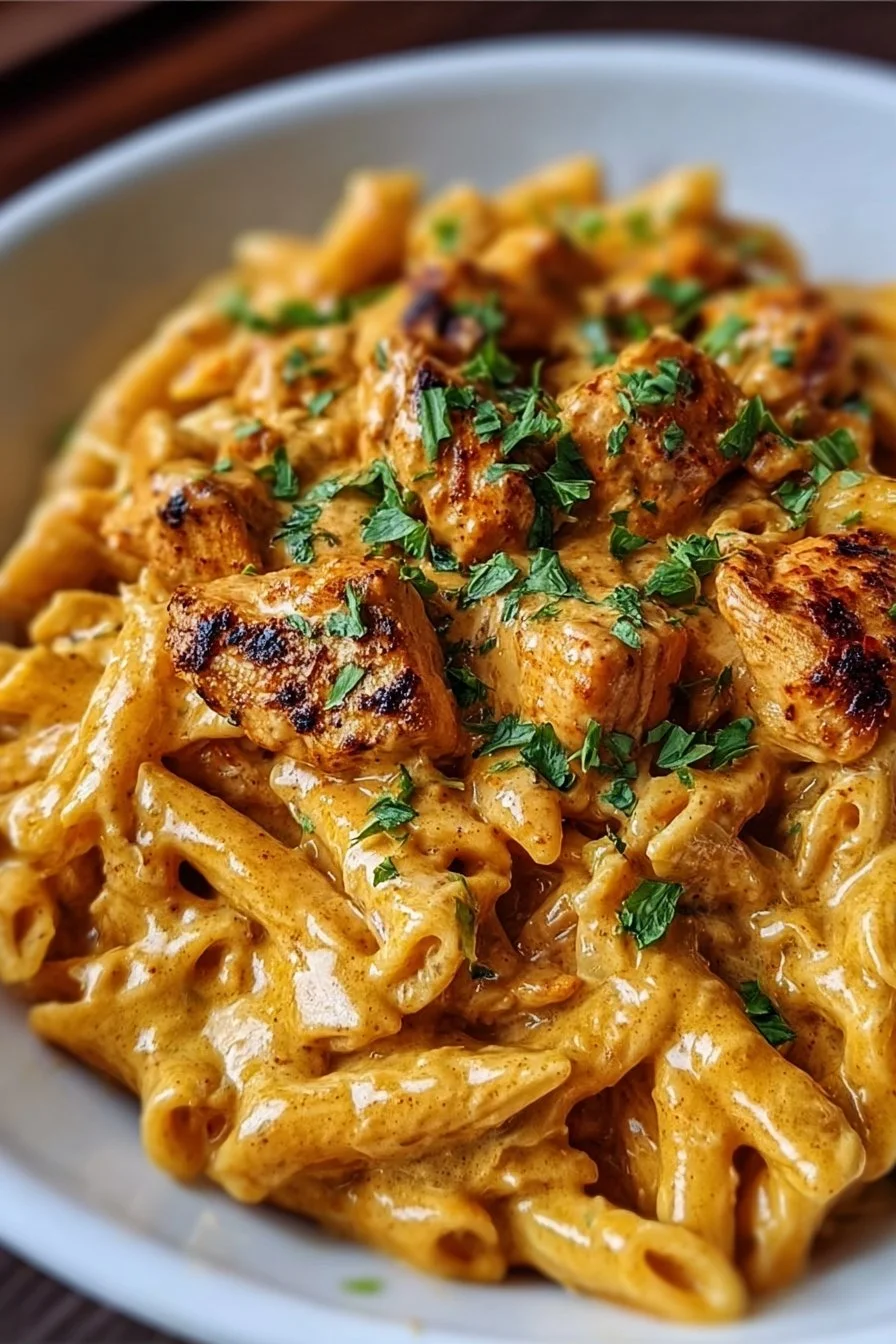 Bowl of Cowboy Butter Chicken Pasta garnished with fresh herbs
