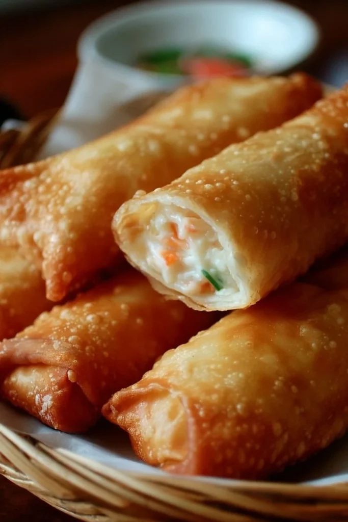 Crispy Crab Rangoon Egg Rolls served with dipping sauce