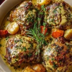 Creamy Baked Dijon Chicken Thighs with herbs and seasonings