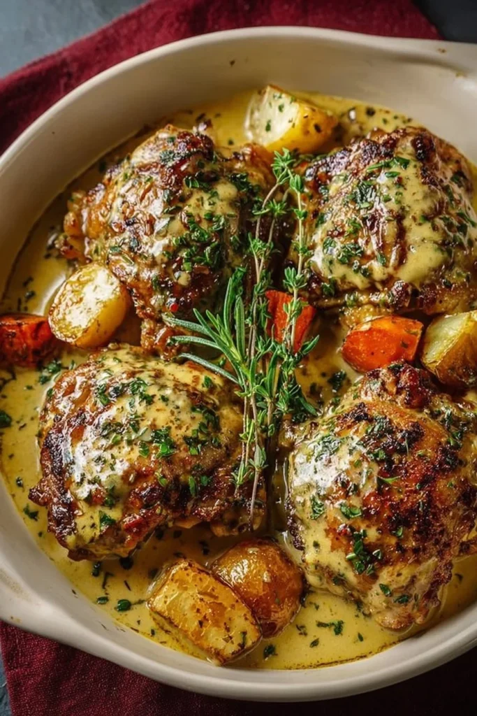 Creamy Baked Dijon Chicken Thighs with herbs and seasonings