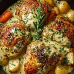Creamy baked chicken thighs with Dijon mustard sauce on a plate