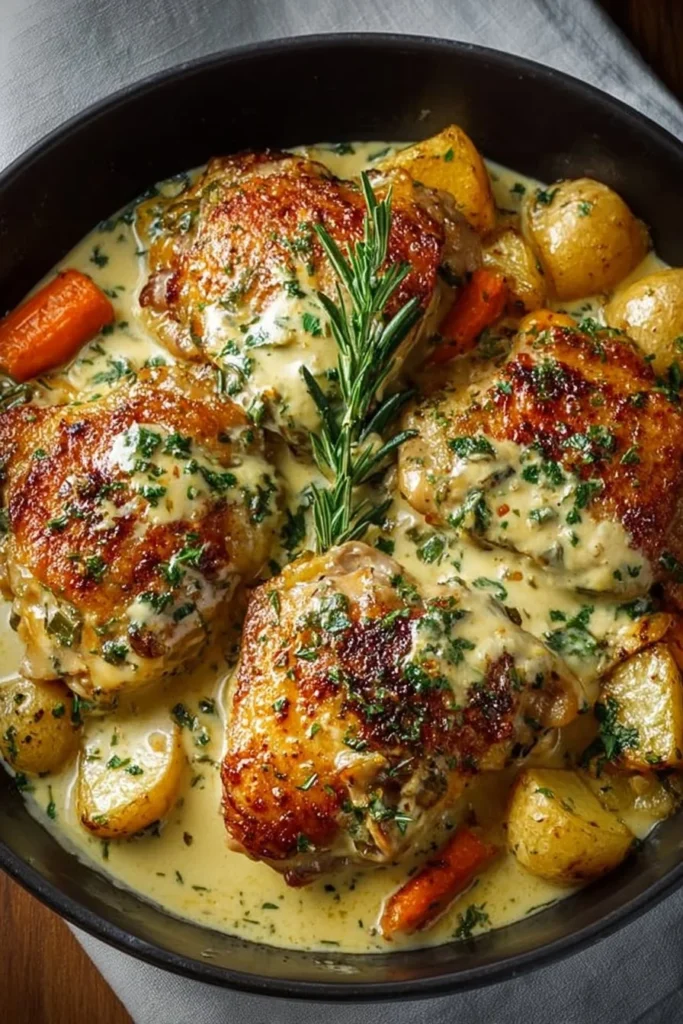 Creamy baked chicken thighs with Dijon mustard sauce on a plate