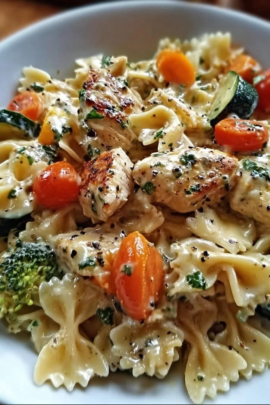 Creamy Cheddar &amp; Havarti Chicken Bowtie Pasta with Roasted Veggies