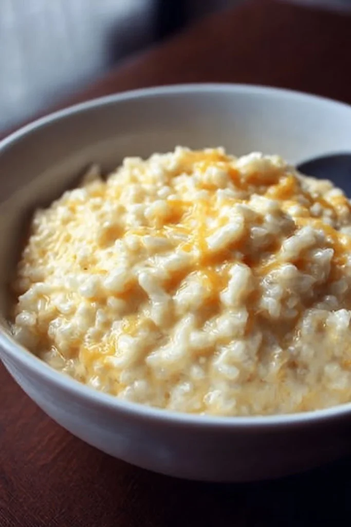 Bowl of creamy cheesy rice topped with melted cheese