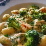 Creamy chicken and broccoli gnocchi dish served in a bowl