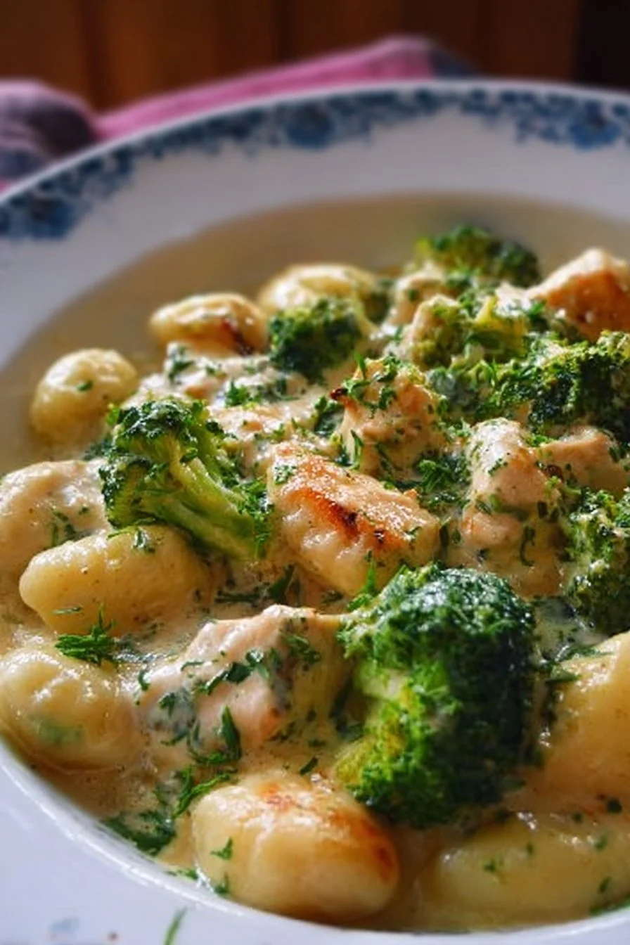 Creamy chicken and broccoli gnocchi dish served in a bowl