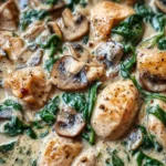 Creamy chicken mushroom spinach skillet dish ready to serve