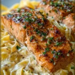 A plate of creamy garlic butter salmon fettuccine garnished with herbs.