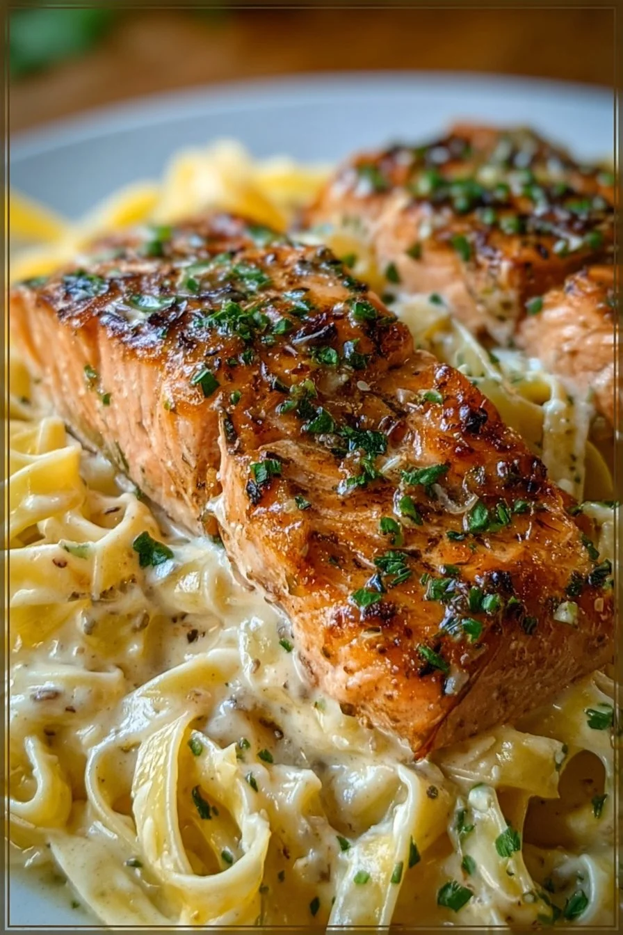 A plate of creamy garlic butter salmon fettuccine garnished with herbs.