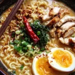 Delicious creamy garlic chicken ramen in a bowl with fresh herbs