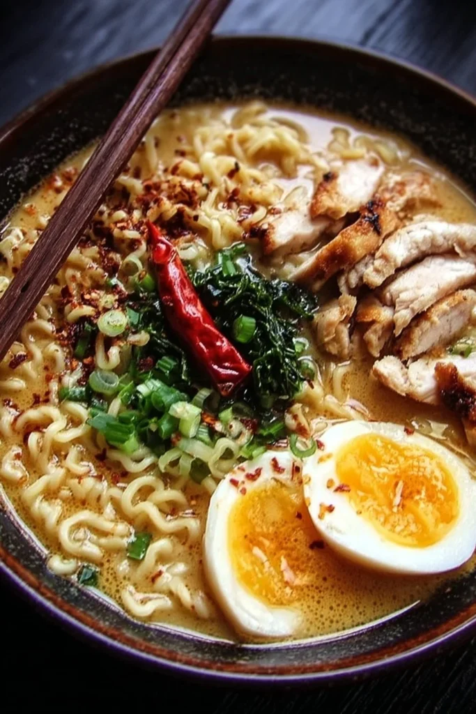 Delicious creamy garlic chicken ramen in a bowl with fresh herbs