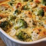 Creamy keto broccoli chicken casserole in a baking dish