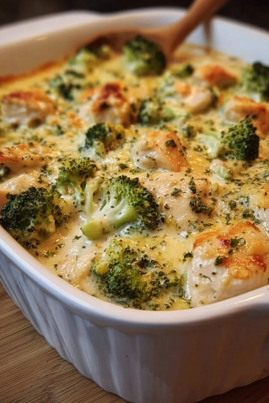 Creamy keto broccoli chicken casserole in a baking dish
