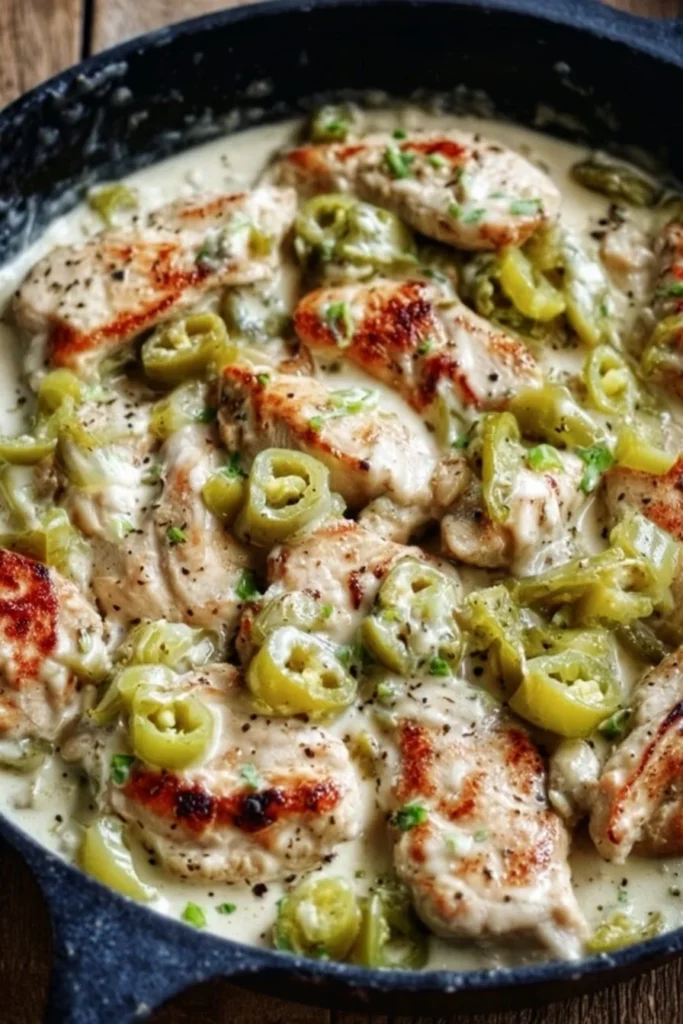 Creamy Pepperoncini Chicken Skillet served in a frying pan with fresh herbs