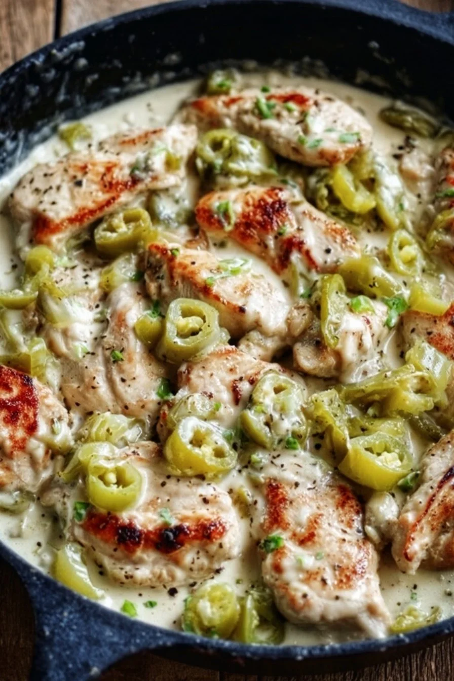 Creamy Pepperoncini Chicken Skillet served in a frying pan with fresh herbs
