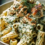 Creamy pesto chicken pasta dish garnished with fresh basil and parmesan cheese.