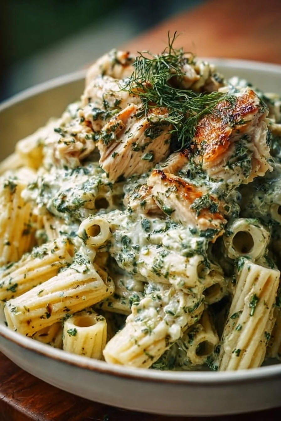 Creamy pesto chicken pasta dish garnished with fresh basil and parmesan cheese.