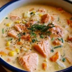 Bowl of creamy salmon chowder topped with herbs and served with bread