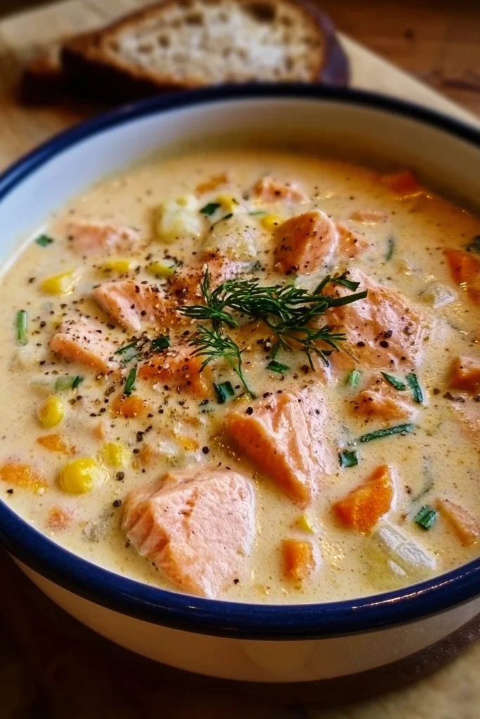 Bowl of creamy salmon chowder topped with herbs and served with bread