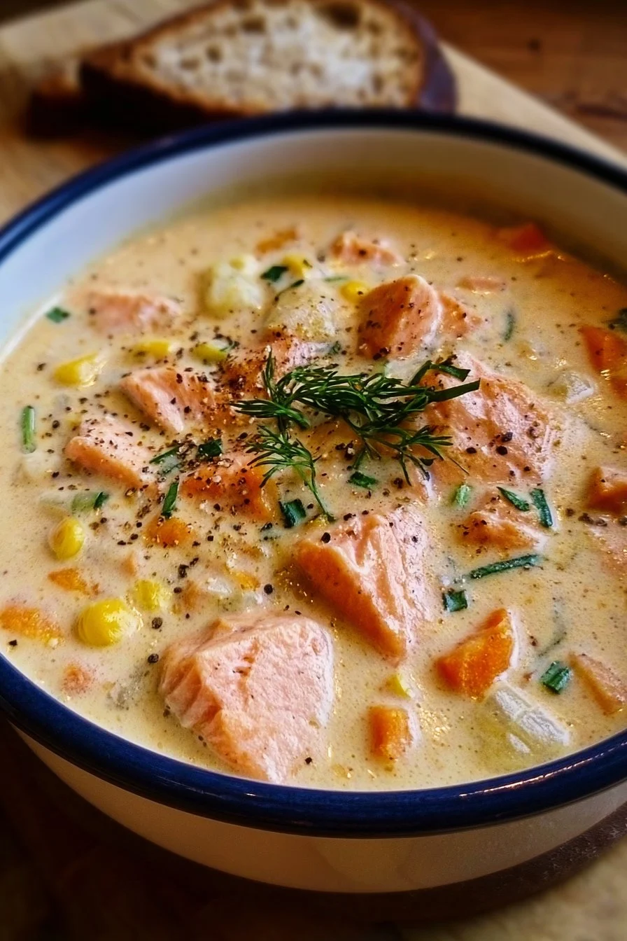 Bowl of creamy salmon chowder topped with herbs and served with bread
