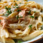 Creamy salmon pasta dish garnished with herbs and served on a plate