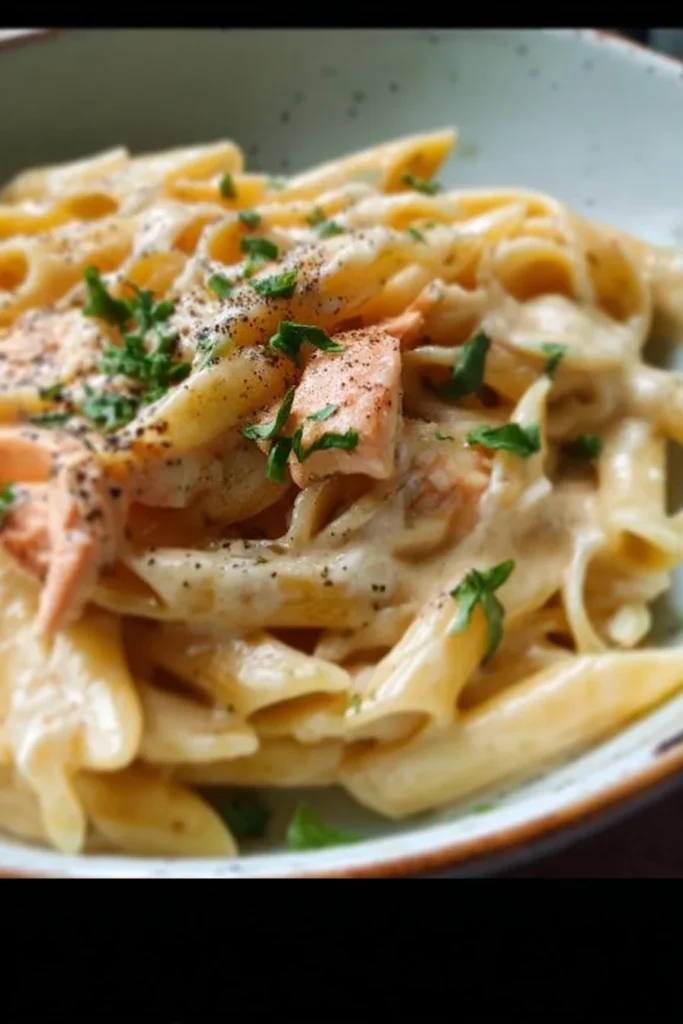 Creamy salmon pasta dish garnished with herbs and served on a plate