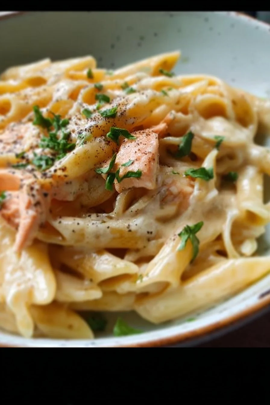 Creamy salmon pasta dish garnished with herbs and served on a plate