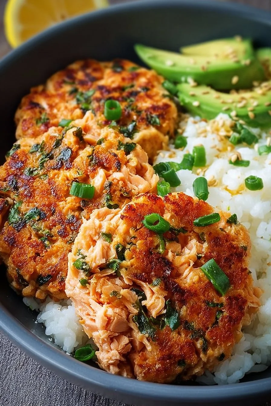 Crispy canned salmon patties served on a plate with fresh herbs.