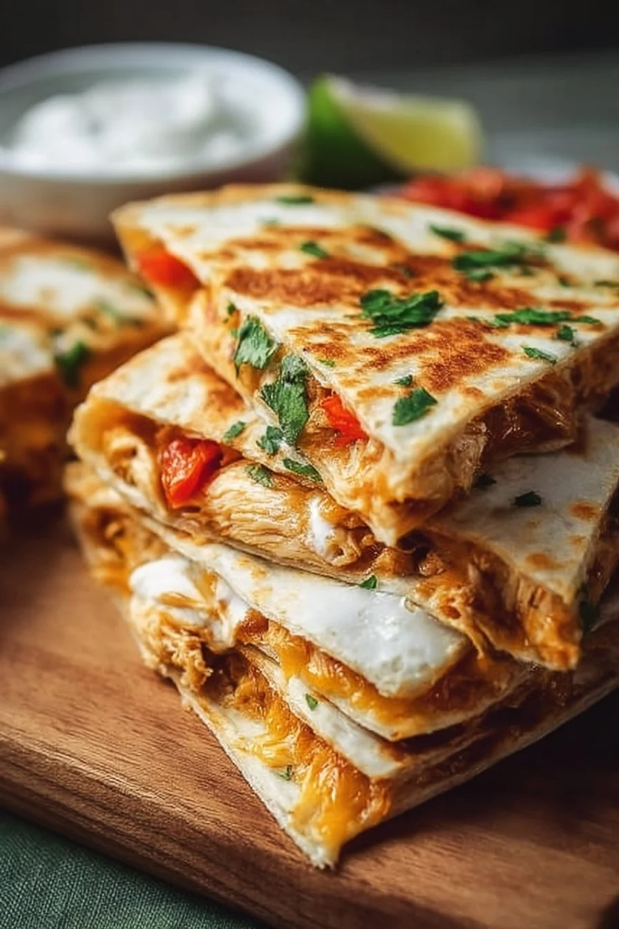 Delicious crispy chicken quesadillas with melted cheese and fresh ingredients