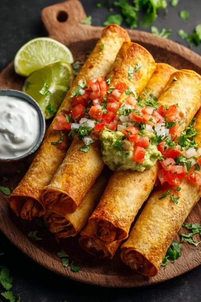 Plate of crispy chicken taquitos served with salsa and guacamole