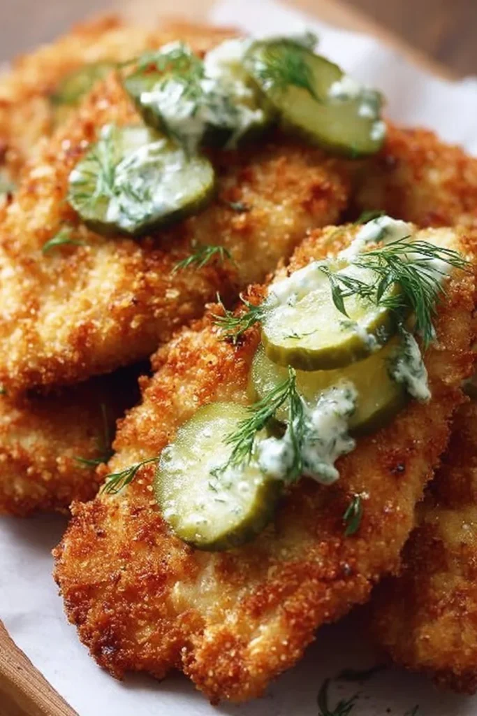 Crispy Dill Pickle Parmesan Chicken served with herbs