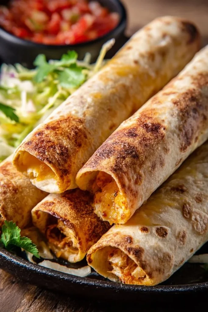 Crispy gluten-free chicken taquitos served with dipping sauce