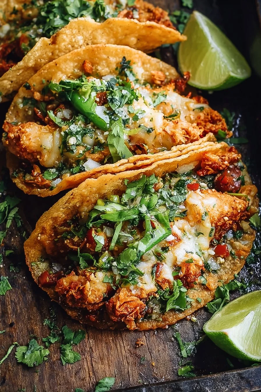 Crispy Poblano chicken tacos served with fresh toppings and salsa