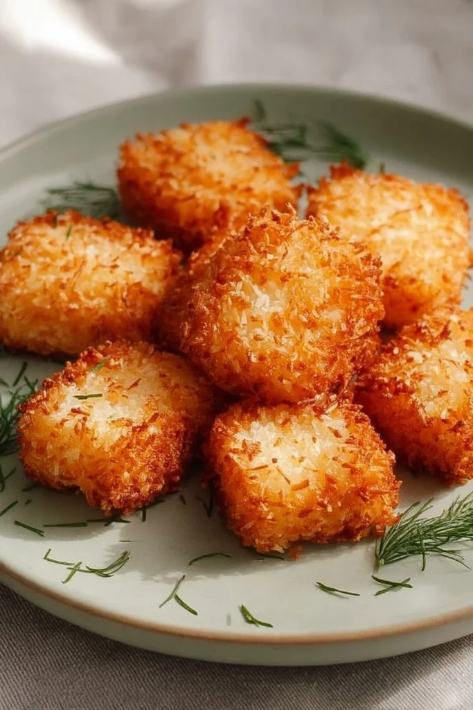 Plate of homemade crispy rice bites, golden and crunchy snacks.