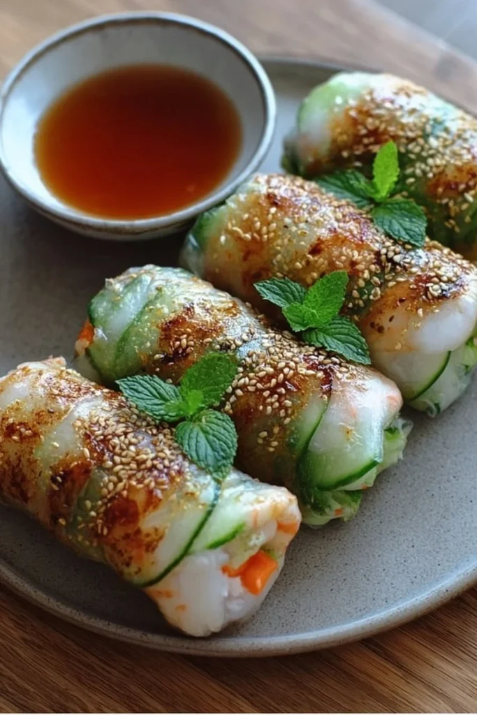 Crispy rice paper spring rolls filled with fresh vegetables and herbs