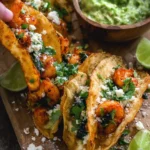 Crispy shrimp and poblano tacos served on a plate with fresh toppings